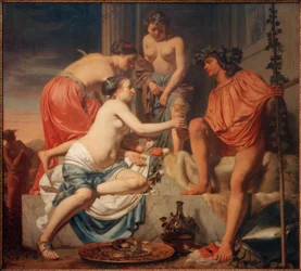 A trónoló bakchusi nimfák Bacchus bort és P.