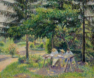 Gyerekek asztaloknál az Eragny kertjében - Camille Pissaro (1830-1903) festménye, olaj, vászon (58x71 cm)
