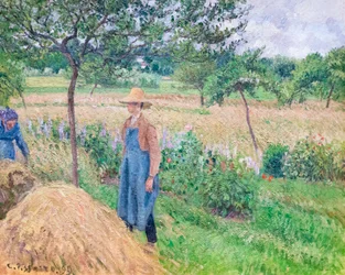 Kertész áll egy szénakazal mellett, borús ég, Eragny