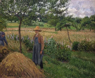 Kertész szénakazal mellett áll, borús ég, Eragny, 1899.