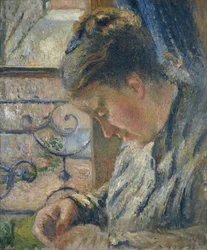Mme Pissarro varr egy ablak mellett, 1877