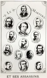 Louis Riel (1844-85) és gyilkosai, illusztráció a Le Gibet de Regina című műből, kiadva 1886-ban
