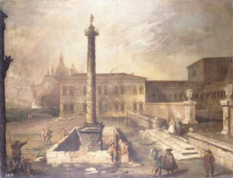 A Piazza capriccioja egy palota előtt Marcus Aurelius oszlopával,