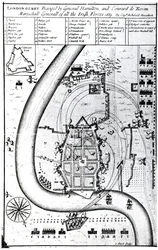 Londonderry Beseiged by General Hamilton and Conrad de Rosen, metszette J. Sturt, 1689