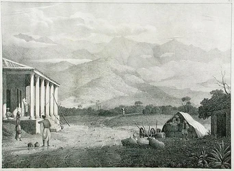 A Seremoogy vagy Streemoogy, Pass, Neelgherry Mountains, 1. lemez a View of the Neilgherries, vagy Blue Mountains of Coimbetoor, Dél-India című művéből, McCurdy kapitánytól, 1830.
