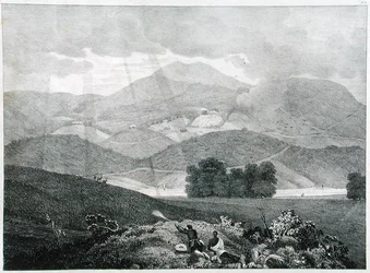 Kilátás a tó egy részére és a nyaralókra Ottacamundban, Neelgherry-hegységben, 3. tábla McCurdy kapitánytól, a View of the Neilgherries vagy Blue Mountains of Coimbetoorból, Dél-India, 1830-ban (li