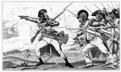 Önkéntesek a szabotokban a valmyi csatában, 1792. szeptember 20., Louis Blanc "Histoires de la Revolution Francoise" című művéből, S. Krakow metszetében