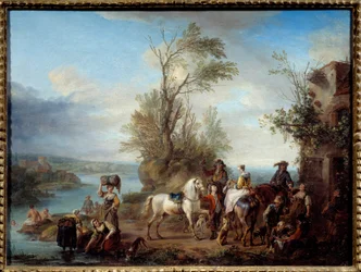 Menjen el Lavandiere-re vadászni, és ússzon egy folyó partján. Carel van Falens (1683-1733) festménye 1726 V. 0,45x0,6 m