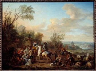 A vadászok megállása Carel Van Falens festménye (1683-1733) 18. század V. 0,45x0,6 m