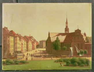A Palota tér és a Holmens Kirke, a Christiansborg kastély ablakából, Koppenhágában, 1866