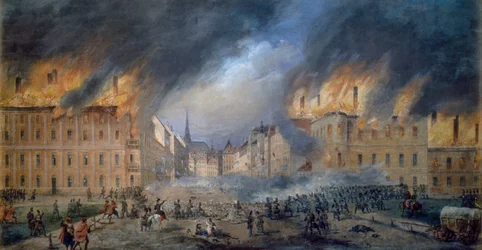 Csata a Sternbarrikade-nál Jagerzeile-ben 1848. október 28-án, forradalom Bécsben, tűz a városban, Carl Goebel (1824-1899) festménye, Ausztria