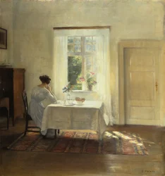 Ablak melletti asztalnál ülő nő, kb. 1900