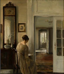 Előadás. La femme du peintre – Olvasás. A festő felesége – Carl Holsoe (1863-1935). Olaj, vászon Méret: 58x52 cm Magángyűjtemény