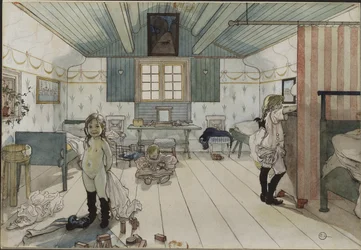Chambre de petites filles – Kis lányszoba, Larsson, Carl (1853-1919). Akvarell papíron. Mérete: 32x43 cm. Nemzeti Múzeum Stockholm