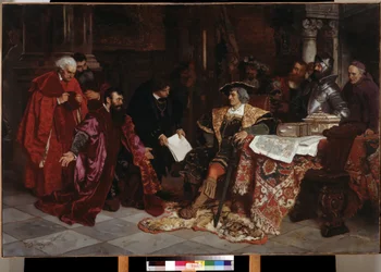 ""I. Maximilianus császár (1459-1519) fogadja a velencei nagyköveteket Veronában" (Maximilianus császár fogadja Veronában a velencei nagyköveteket) Carl Ludwig Friedrich Becker (1820-1900) festménye 1879 Puskin Múzeum, Moszkva