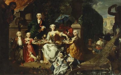 Családi csoport egy teraszon egy villa területén, valószínűleg George Jackson és családja, 1737