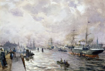 Vitorlás hajók Hamburg kikötőjében, 1889 (wc és gouache papíron)