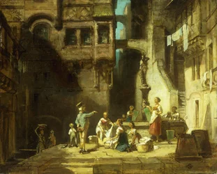 Mosodai nők a kútnál; Wascherinnen am Brunnen, 1860 körül