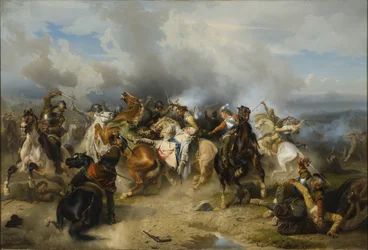 La mort du roi Gustave II Adolphe de Suede (1594-1632) dit le Grand ou le Lion du Nord, a la bataille de Lutzen, le 1632. november 6. – II. Gusztáv Adolf svéd király halála a luetzeni csatában november 6-án 1632, Wahlbom, Carl (1810-1858). Olaj be