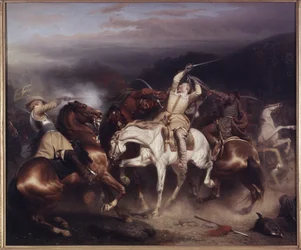 II. Gusztáv Adolf svéd király, akit Nagynak vagy Északi Oroszlánnak hívnak a trzcianai csatában (vagy honigfeldei vagy sztumi csatában), 1629. június – II. Gusztáv Adolf svéd király (1594-1632) Stuhmnál, Wahlbom, Karl (1810-1858). olajfestmény