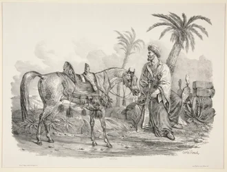 Ülő arab, aki egy arab ló kantárját tartja