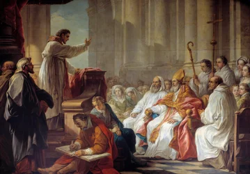 Szent Ágoston (354-430) predikációja Valere előtt, Carle Van Loo (1705-1765) Hippone-festményének előképe 18. századi Párizs. Győzelmek Szűzanya temploma