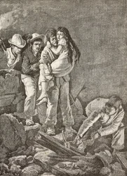 Egy lányt megmentettek otthona összeomlása után, az olaszországi Casamicciola földrengés, metszet E Sanesi rajzáról és Carlo Ademollo (1824-1911) festményéről, L