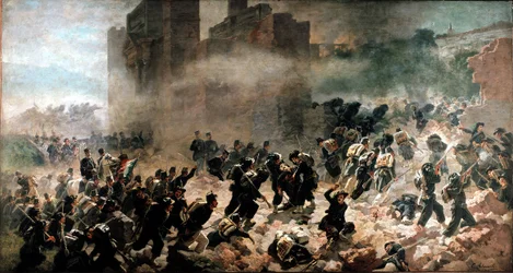 La breche de la Porta Pia, Róma (1870. szeptember 20.) - Carlo Ademollo (1825-1911) festménye, olaj, vászon. Milánó, Risorgimento Múzeum