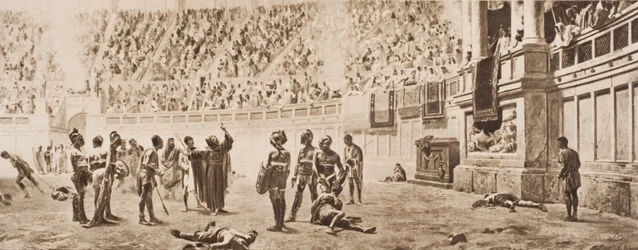 Almachius szerzetes megpróbálja megállítani a gladiátorharcot, illusztráció H. G. Wells „A történelem körvonalai” című művéből, 1920-ban megjelent II.