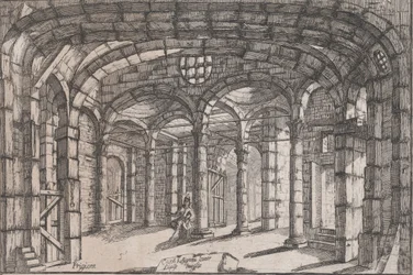 Börtön belseje, amelyben egy nő ül, kb. 1680-1710.