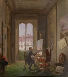 Giuseppe Canella festő egy vásznon dolgozik műtermében, 1830 körül