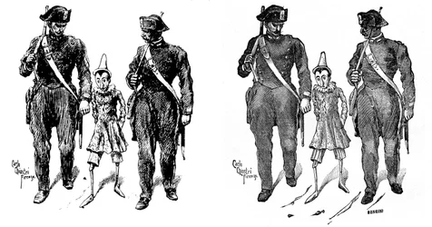 Pinokkió, Carlo Chiostri (1863-1939), Collodi (Carlo Lorenzini) munkáinak egyik első olasz illusztrátora. Két csendőr elviszi a fabábut. A bal oldali kép Chiostri eredeti rajza, a jobb oldalon a carri metszet