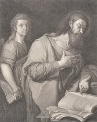 Szent Máté, jobb oldalon egy könyv előtt áll, kezével a mellkasán, egy másik ember..., 1750-84