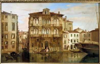 Carlo Ferrari (1813-1871) Maria Taglioni gondolában velencei épülete előtt