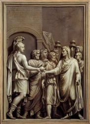 Az ókori Róma: harcos és ember egy tógában gömböt cserél. Carlo Labruzzi (1748-1818) festménye egy alacsony római dombormű után. Brest. Szépművészeti Múzeum