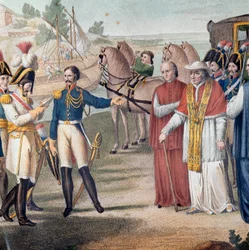 Pius (Pio) pápát (1742-1823) Olaszországba való visszatérésekor tartóztatta le az osztrák-nápolyi hadsereg Párma közelében 1814. március 25-én - Carlo Lasinio (1759-1838) metszet - Színes litográfia (VII. Pius pápa letartóztatása (1742-1823), miután vissza
