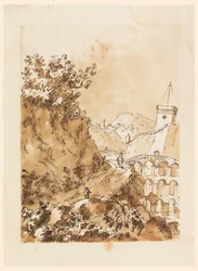 Rajz, Tájkép hegyi várossal, 1760-80