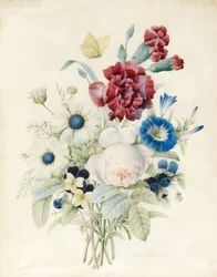 Virágpermet, beleértve egy rózsát, egy kék konvoluszt és árvácskákat, 1830 (wc és testszín papíron)