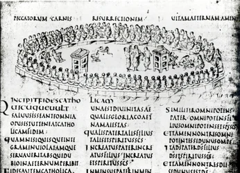 Illusztráció egy jelenetről az egyik zsoltárból, az Utrechti zsoltárból, a reimsi eredeti másolata, jelenleg az Utrechti Egyetemi Könyvtárban (toll és tinta)