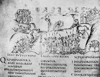 Az egyik zsoltár különböző jeleneteinek illusztrációja, az Utrechti zsoltárból, a reimsi eredeti másolata, amely jelenleg az Utrechti Egyetemi Könyvtárban található (toll és tinta)