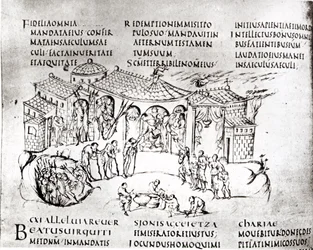 Különféle jelenetek, amelyek egy zsoltárt illusztrálnak, az Utrechti zsoltárból, a reimsi eredeti másolata jelenleg az Utrechti Egyetemi Könyvtárban (toll és tinta)