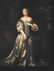 Lady Philippa Stanton és kutyája portréja egy teraszon állva egy faragott fríz mellett (olaj, vászon)