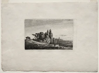 Gyaloghíd kereszttel a fák előtt egy folyónál, 1803 körül.