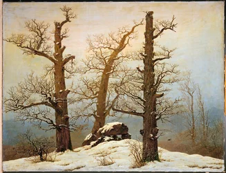 Megalitikus cairn a hóban (olaj, vászon)