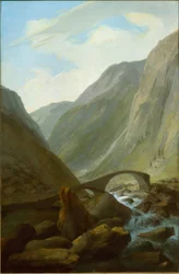 Alpesi völgy kőhíddal