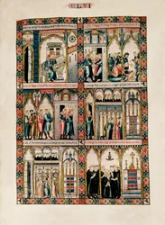 Szent Máriának és csodáinak szentelt miniatúrák a Cantigas de Santa María (Szent Mária énekei) című műből, fol. 156