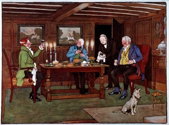 Ínyencek Italok, akik egy pohár portói italt fogyasztanak. Cecil Aldin (1870-1935) akvarellje 19. századi magángyűjtemény