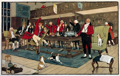 A vadászok reggelije. A vadászatról visszatérve a vadászok hőstetteikről mesélnek. Cecil Aldin (1870-?) metszete, Anglia. Go gyűjtemény.