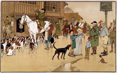 Álljon meg a fogadóban nyúlvadászat közben. Cecil Aldin akvarellje (1870-1935)