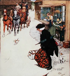 „A falu bejáratánál megszólaló kürt általános nyüzsgést kelt” – illusztráció Washington Irving (1783-1859) „Old Christmas” című művéből, amelyet Hodder és Stoughton adott ki.